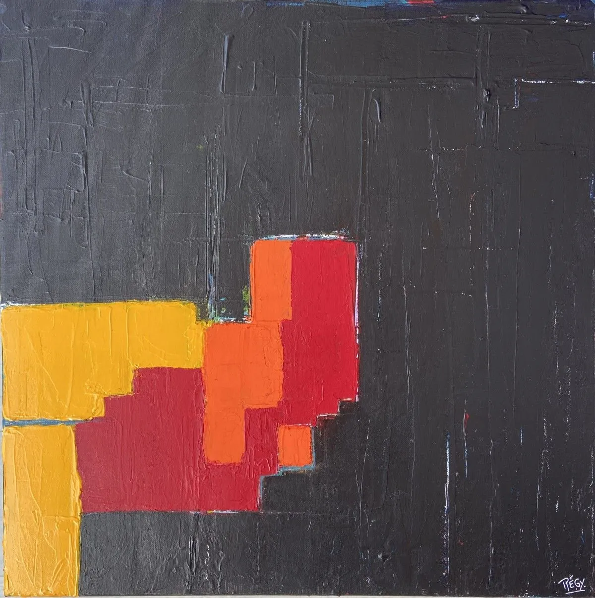 Palimpseste Noir, Rouge Orange et Jaune, œuvre de Marie Régy