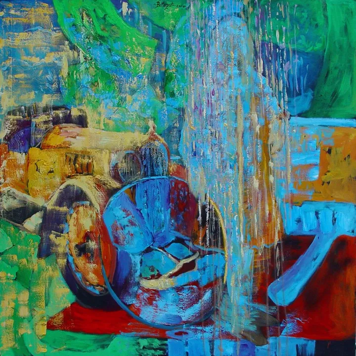 Old car and little girl with a circle, artwork by Dragos Botezat