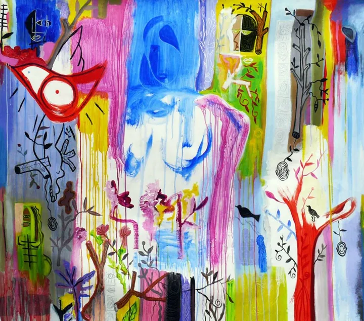 Chaos visuel dans la forêt "femme avec le corps bleu", œuvre de kinkas caetano