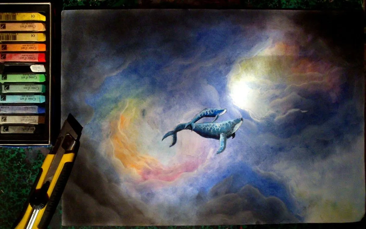 Whales in clouds, artwork by Queen Lilou