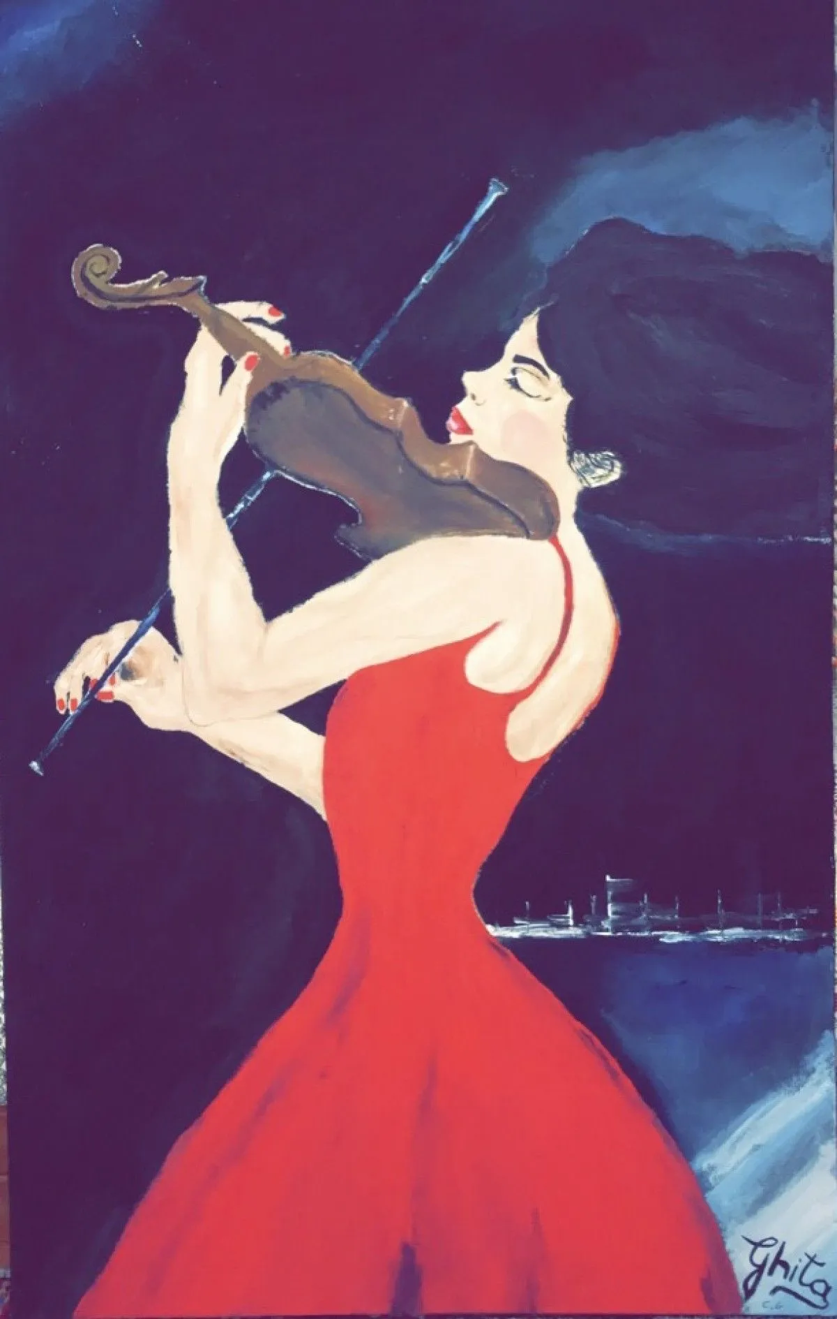 GIRL IN RED DRESS PLAYING  VIOLIN, artwork by Ghita Chkouri