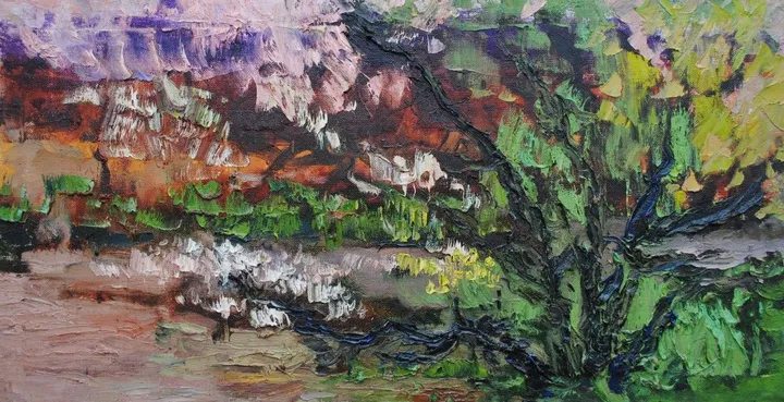Spring. Flowering of apricot., œuvre de Olga Bezhina