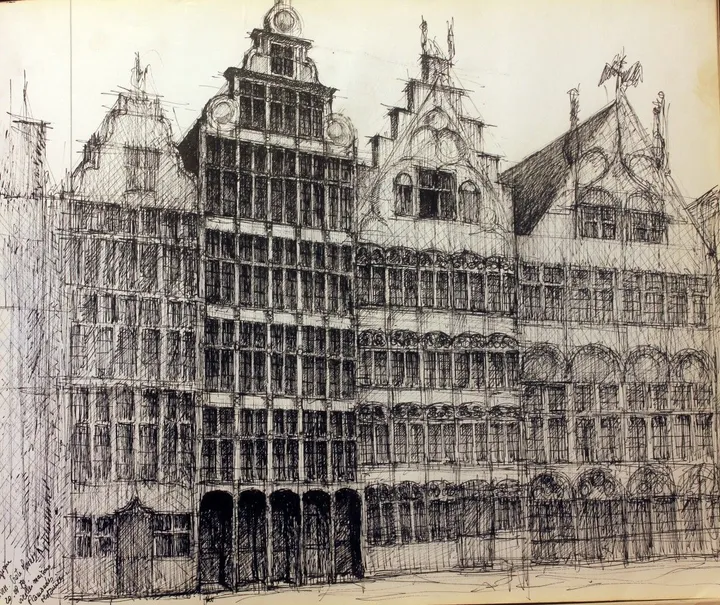 Anvers, la Grand Place - Antwerp, Grand Place, artwork by Jean Bessat