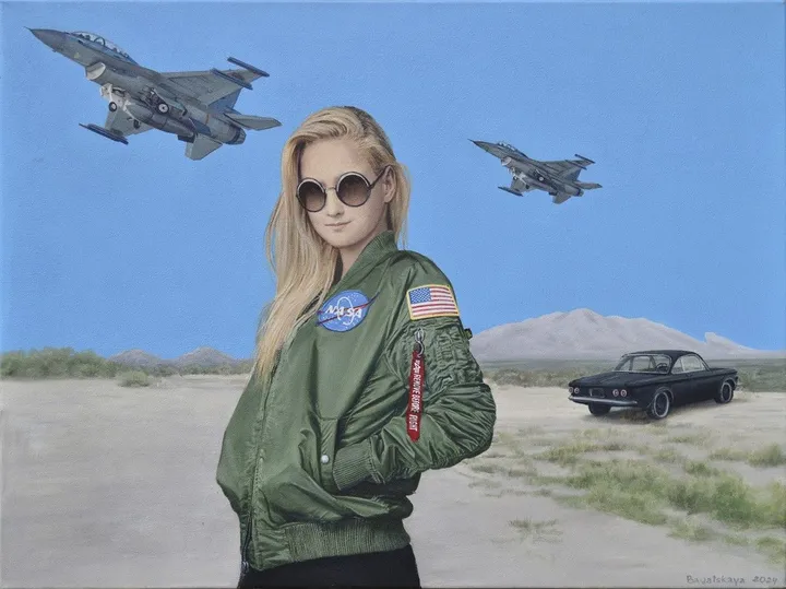 Contemporary portrait "Remove Before Flight", artwork by Nataliya Bagatskaya