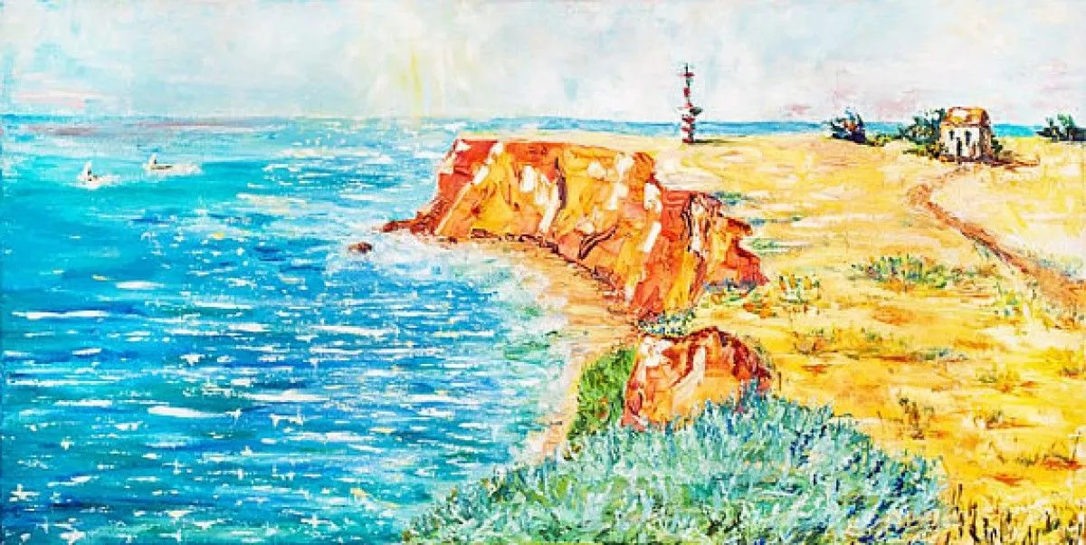 Lighthouse on the sea beach, artwork by Tatyana Pchelnikova