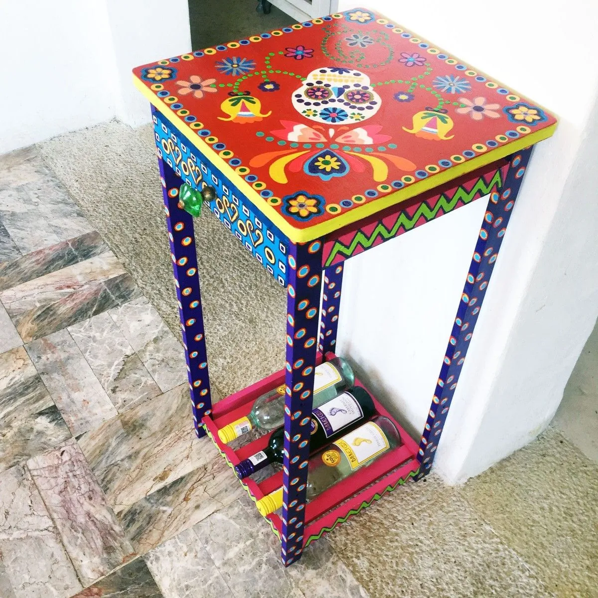 Unique & Stunning Hand Painted Mandela Mexican Folk Art Wine Rack & Table, artwork by Maxine Page
