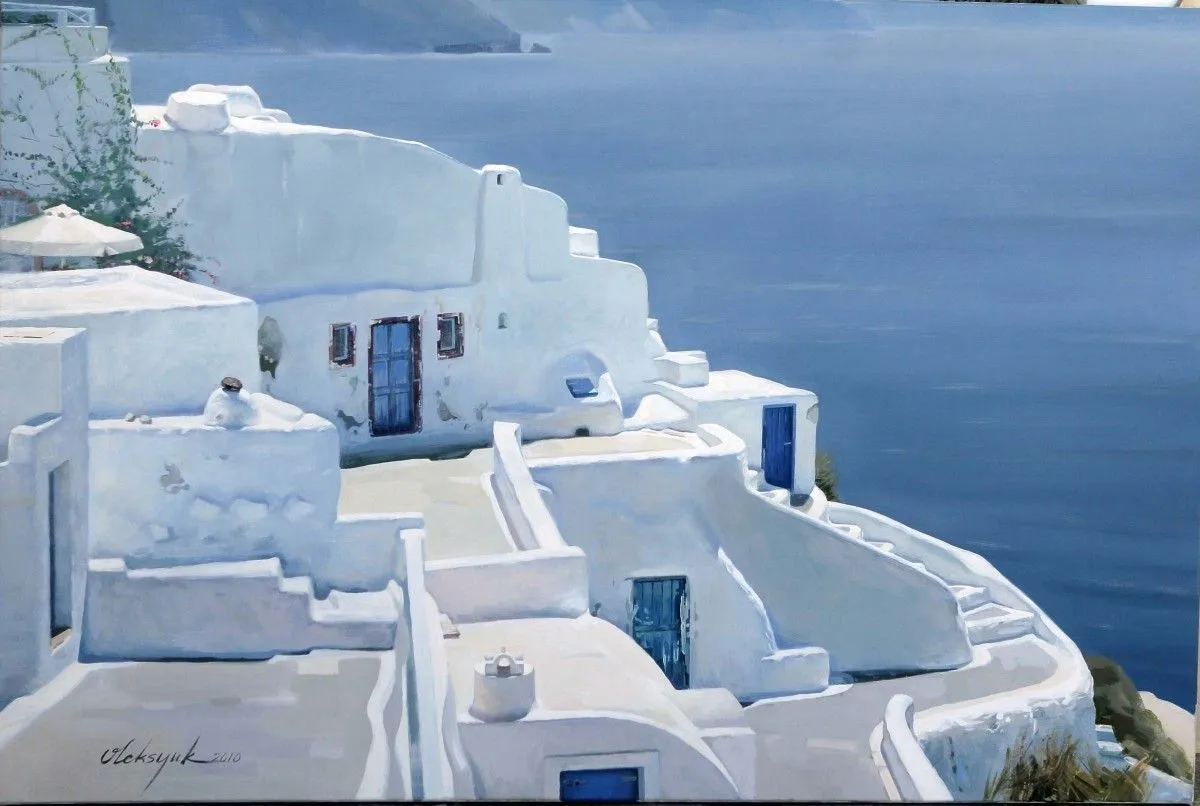 santorini blue doors, œuvre de Sergiy Oleksa