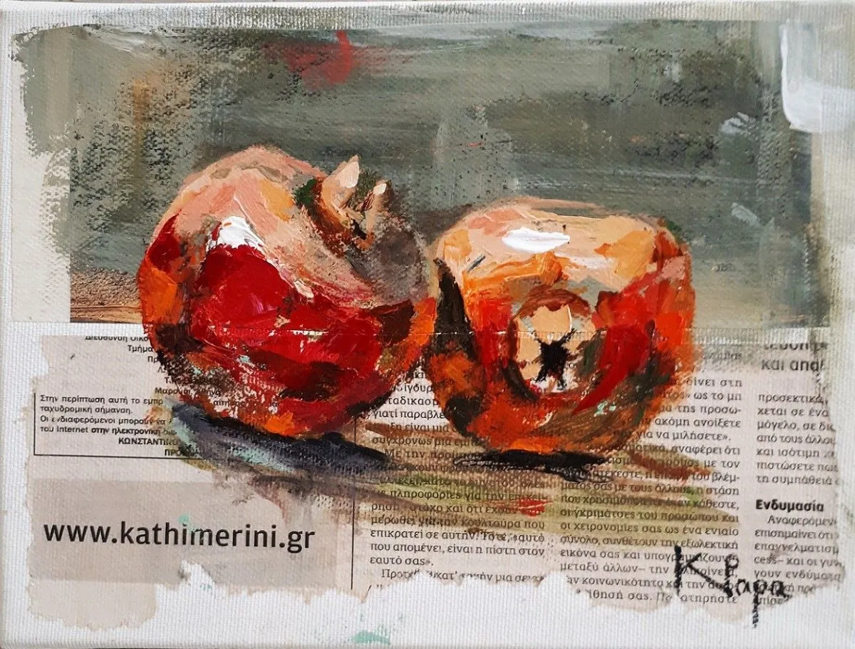 Pomegranates still life painting. Oil on newspaper 7.9" x 9.8"., œuvre de ArtByArtists