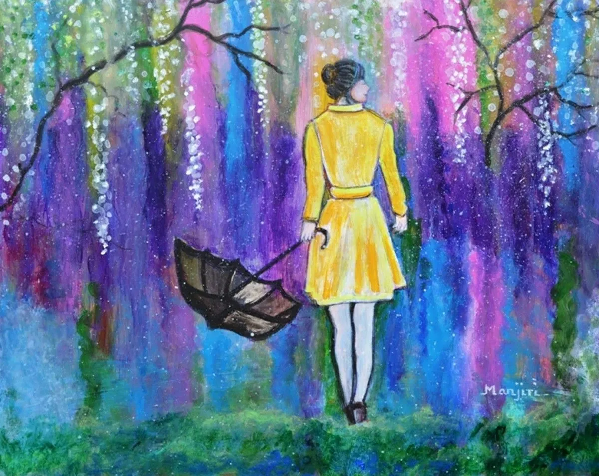 Spring Walk Landscape with colors of spring, artwork by Manjiri Kanvinde
