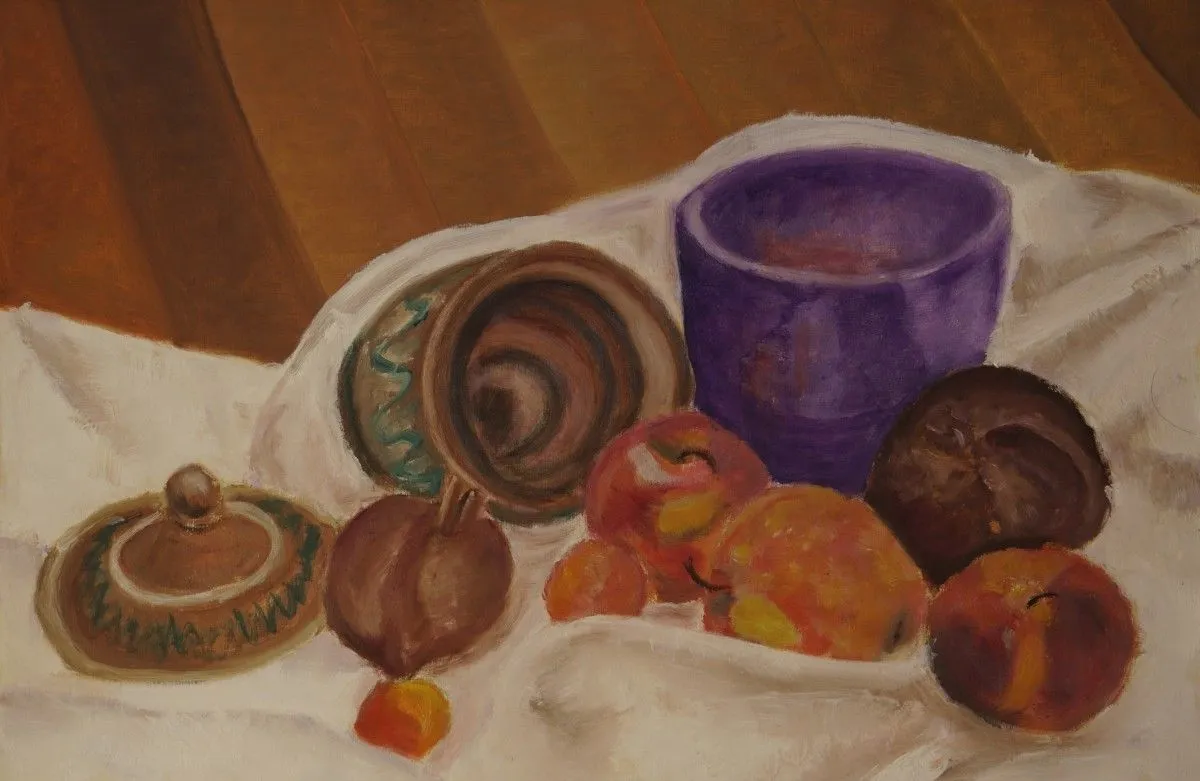 Still life with pottery and fruit, œuvre de Kenneth Friend