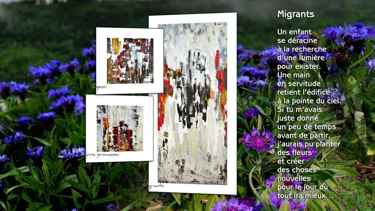 Migrants (la toile thème de l'exposition), œuvre de Lise Tanguay