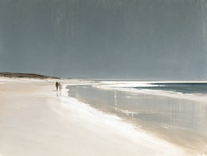 Silence , marche sur une longue plage, œuvre de ELIE _Del_Mar