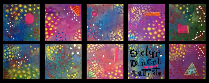 Toiles multicolores abstraites, œuvre de Evelyn Dumont