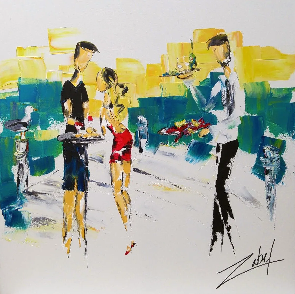 Bistro de la mer 36X36 po, œuvre de Zabel Artiste Peintre