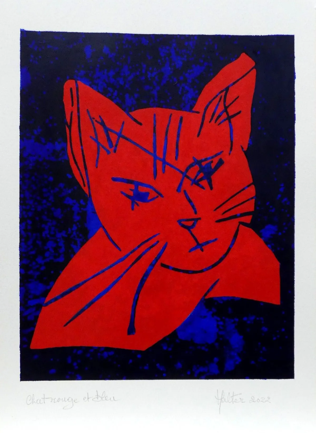 Chat rouge et bleu acrylique, artwork by Alain HALTER
