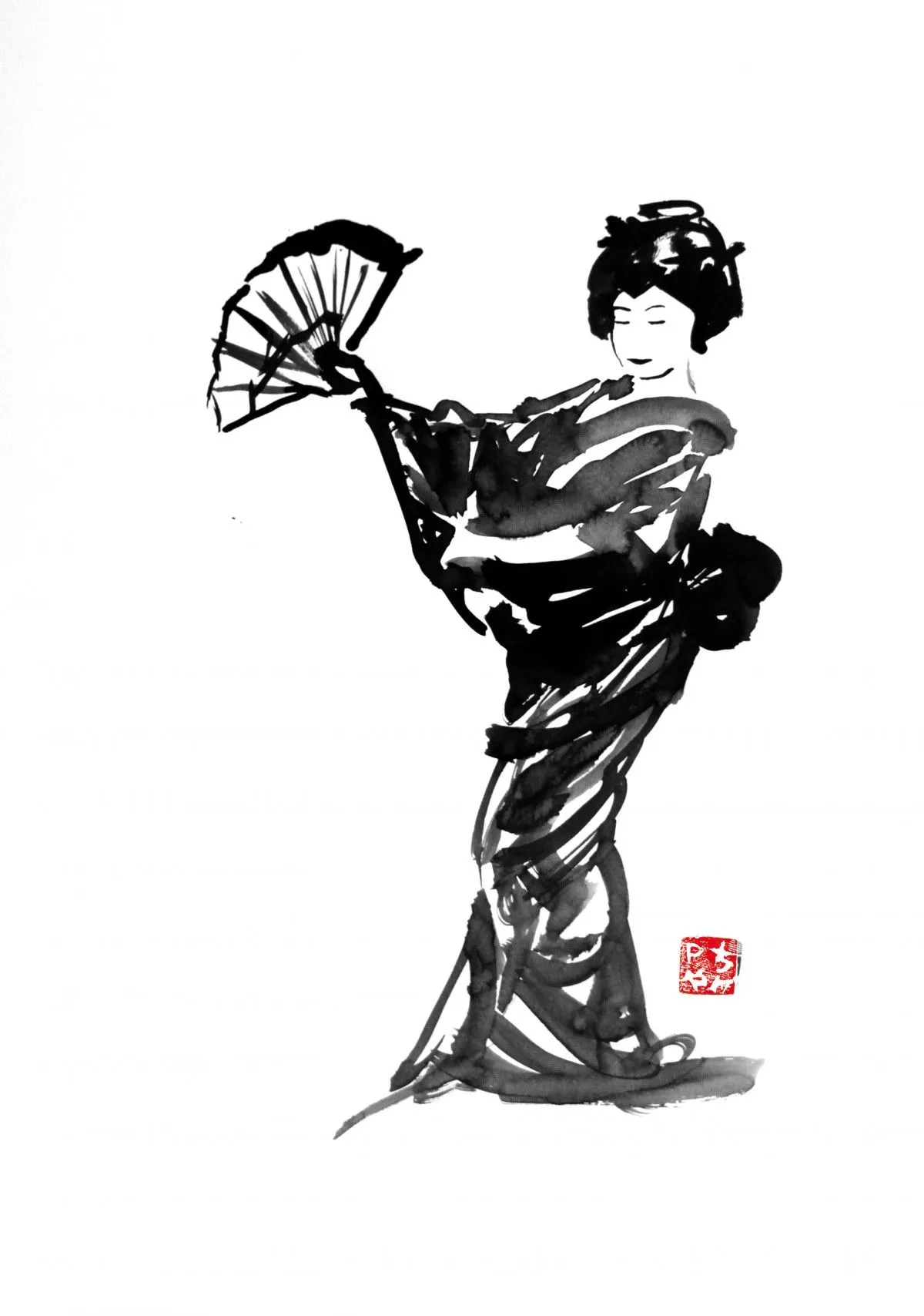 dancing geisha, œuvre de pechane sumi-e