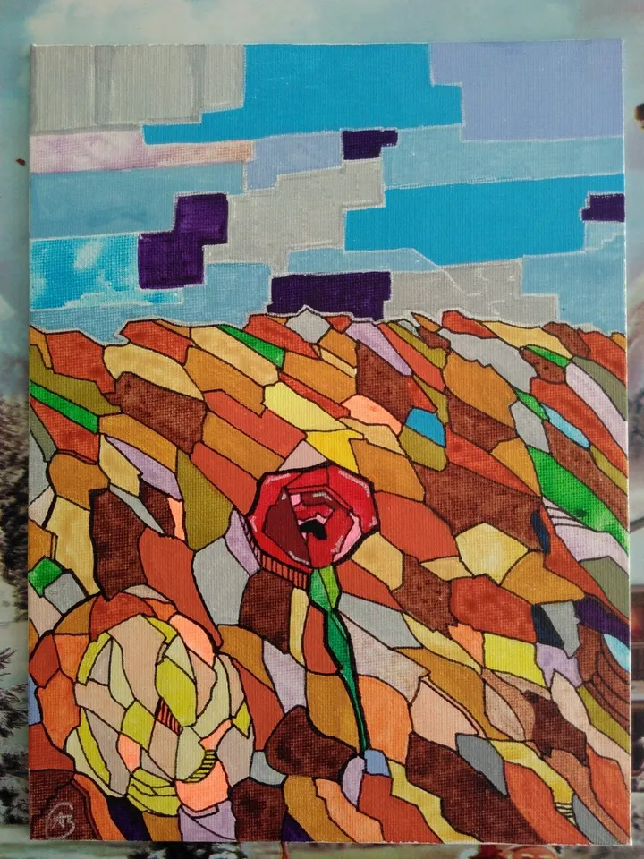 Poppy pommé dans champs de blé, artwork by Benjamin Savel
