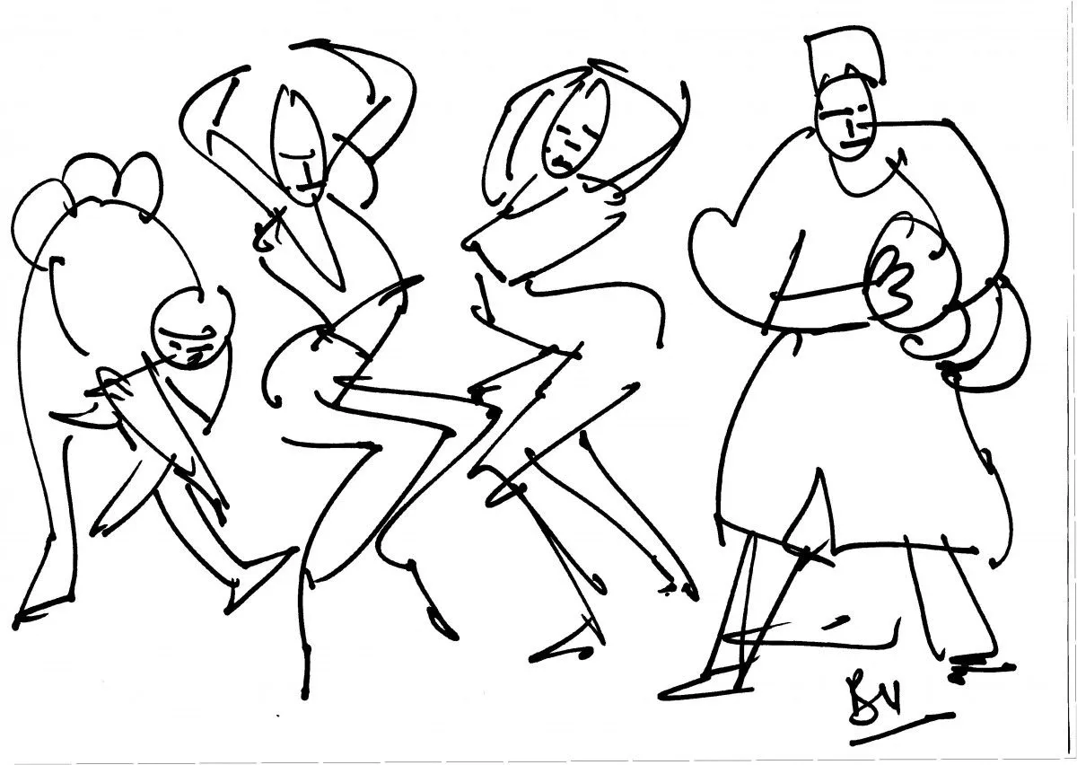 the drummer and the dancers, artwork by Akpan Usoroh