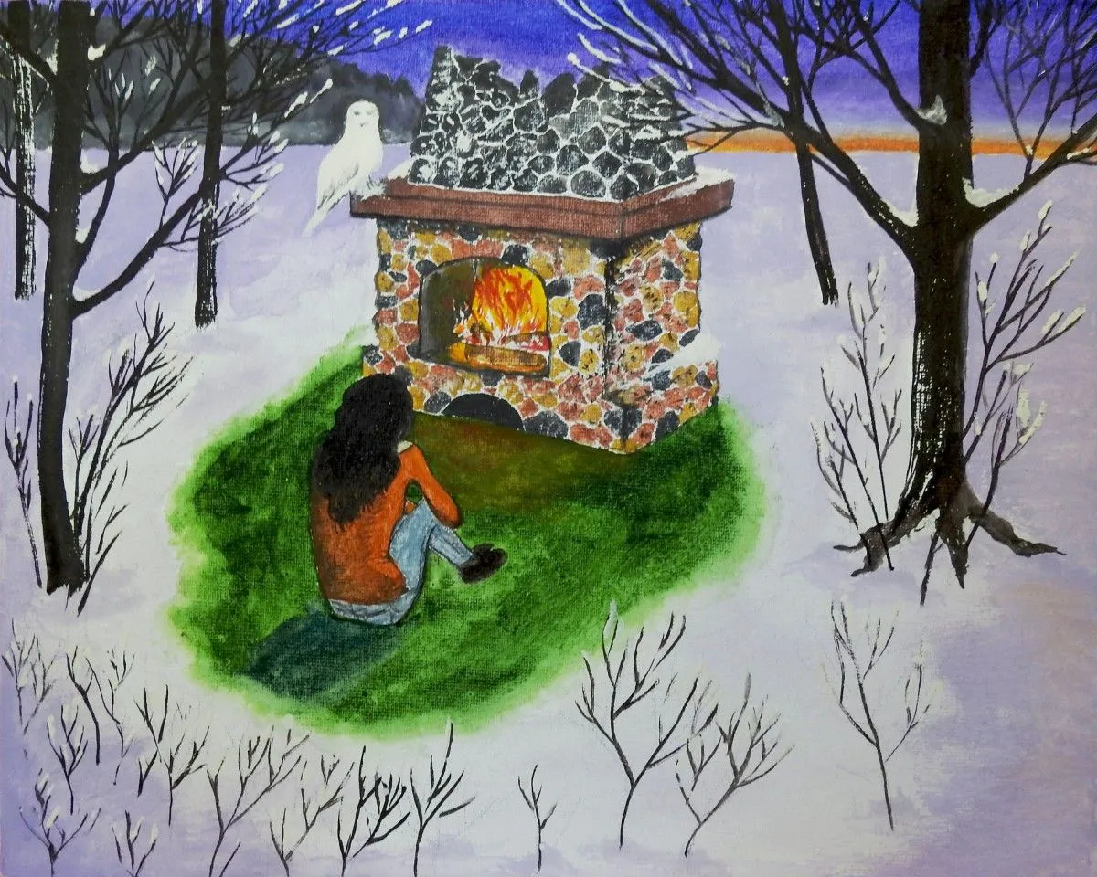 A cold winter night by the fireplace, œuvre de Oksana Podolska