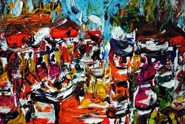 Village market scene, artwork by Akpan Usoroh