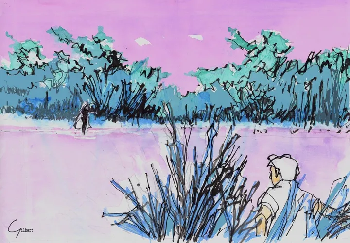 Across the river and into the trees, artwork by Nigel Gilbert