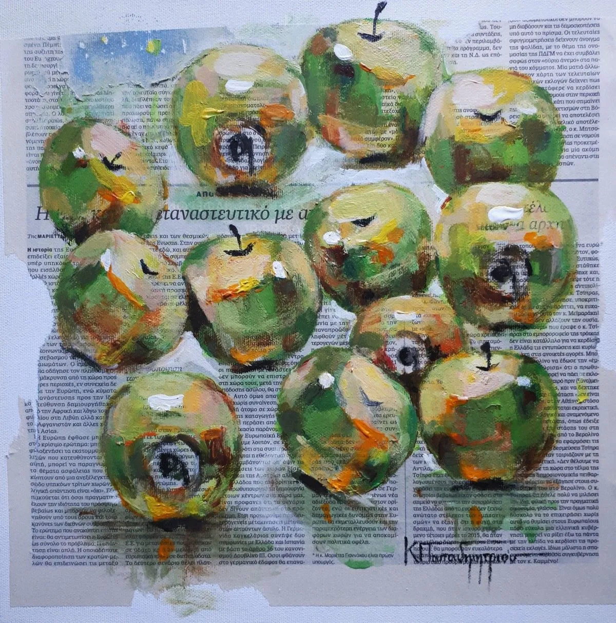 Green apples still life painting. Oil on newspaper 11.8" x 11.8"., œuvre de ArtByArtists