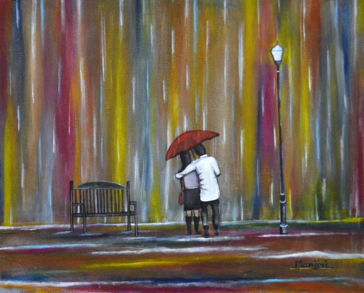 Love in the Rain romantic painting, artwork by Manjiri Kanvinde