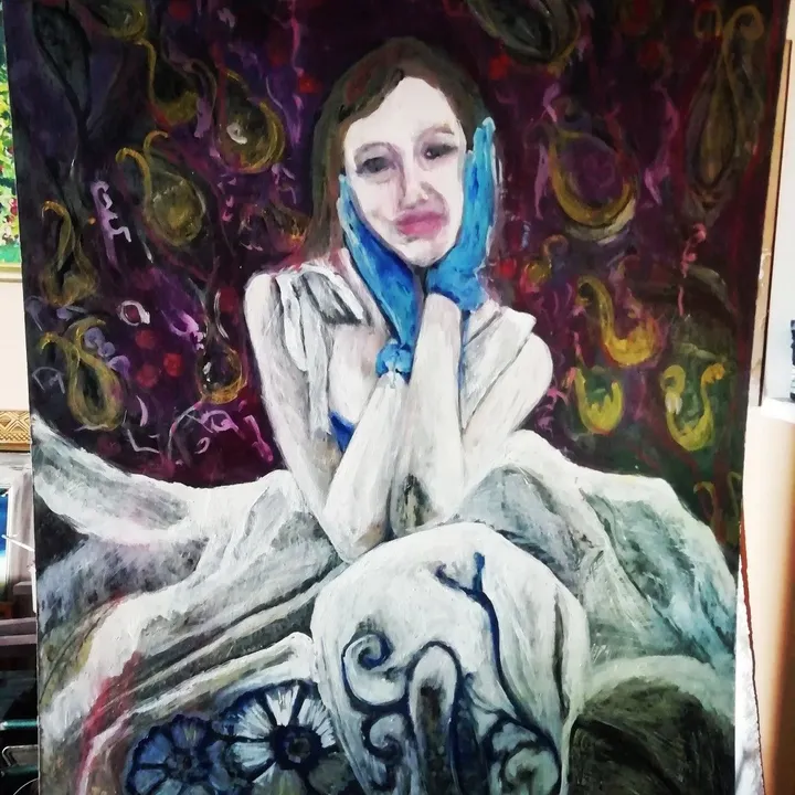 self portrait with blue gloves, œuvre de Suzette Swart