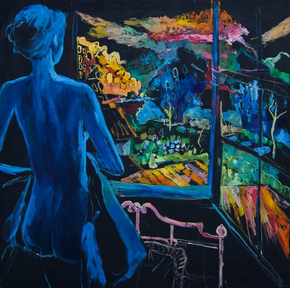 Blue woman contemplate night garden, œuvre de Dragos Botezat