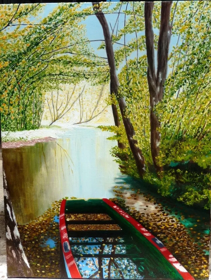 " La vieille barque rouge et verte abandonnée sur les bords de l'Isle  à Moulin-Neuf ", artwork by marie momelat