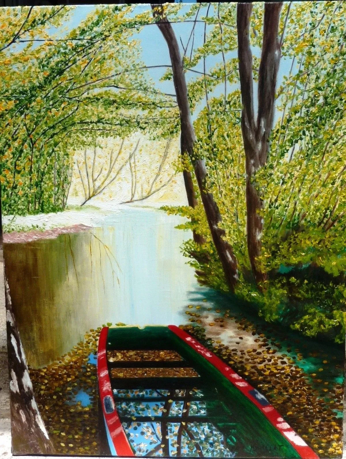 " La vieille barque rouge et verte abandonnée sur les bords de l'Isle  à Moulin-Neuf ", artwork by marie momelat