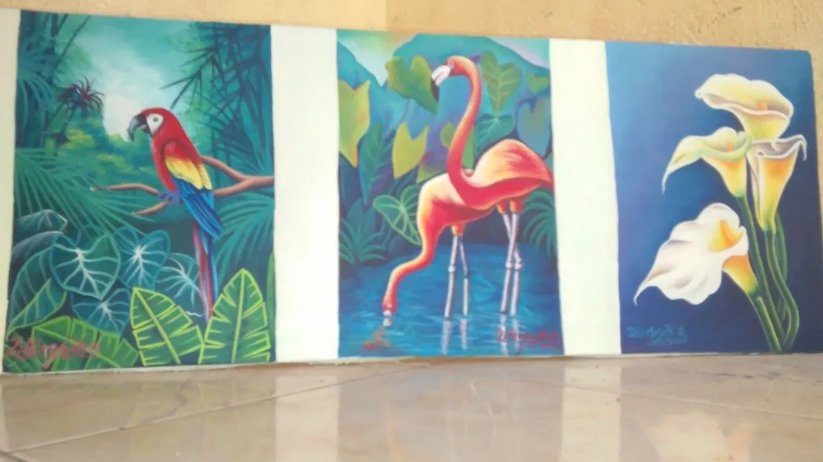 tropical jungle, flowers and flamingos, artwork by Joseph St Hubert