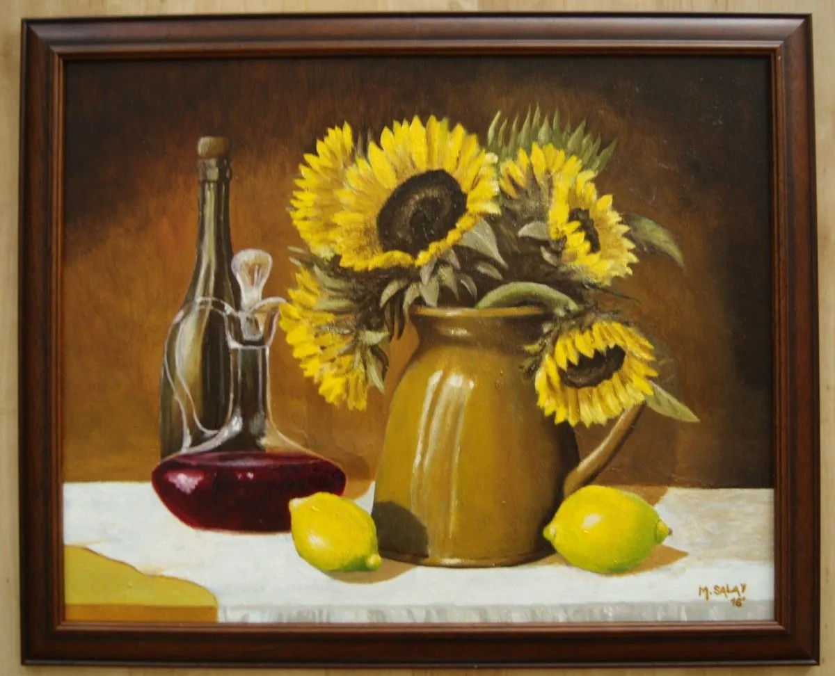 Sunflowers still-life with wine, artwork by Marek Salay