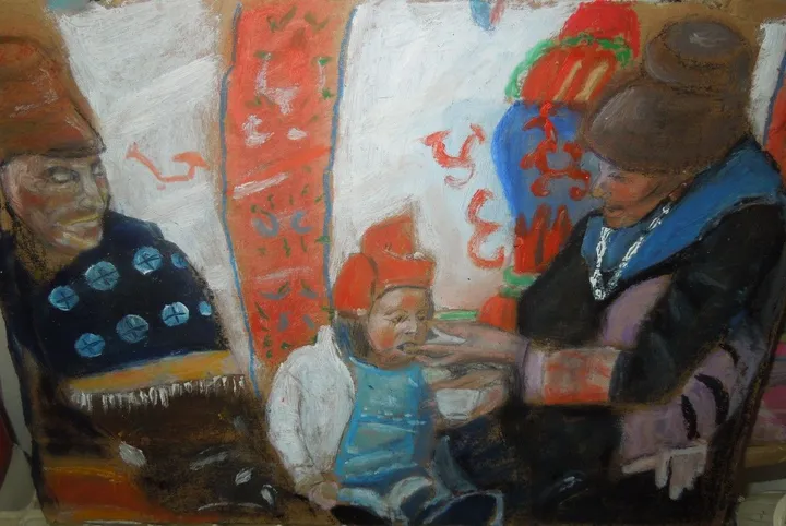 Famille tibétaine, œuvre de Brigitte Bloch-Tabet