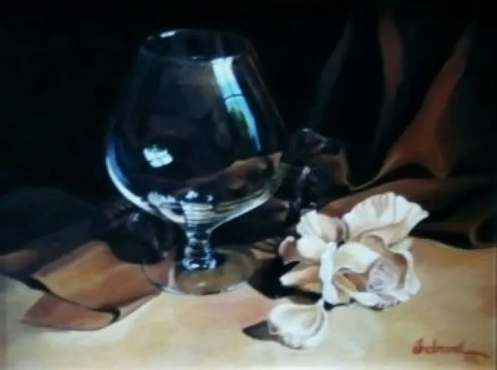 still life with glass and rose, œuvre de Indranil Biswas
