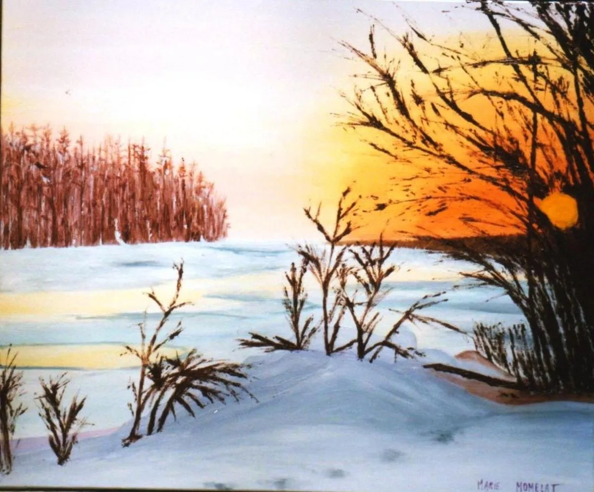 coucher de soleil sur paysage de neige, artwork by marie momelat