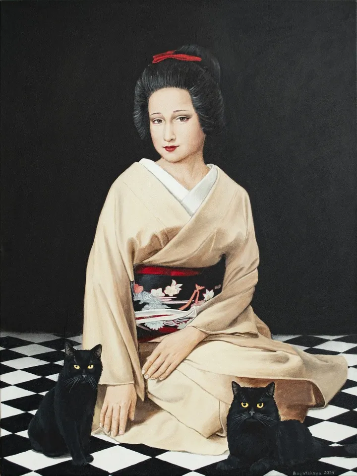 Contemporary portrait "The Secret of the Kimono and Cats", œuvre de Nataliya Bagatskaya