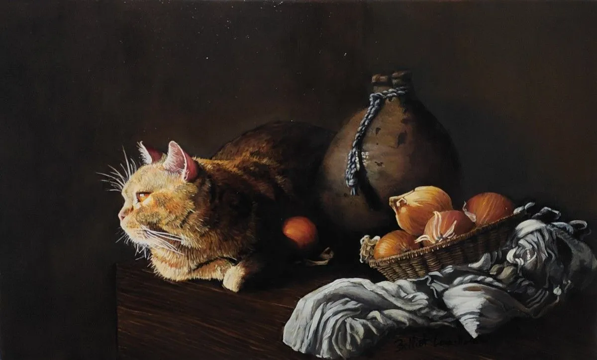 Un chat sur une table, œuvre de Louis Marie BELLIOT