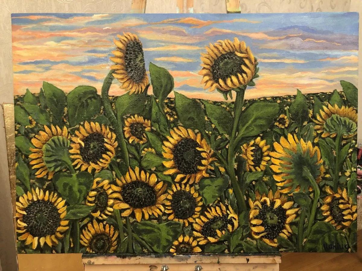 Sunflower field, summer breeze, sunset, artwork by Ilaha Ab