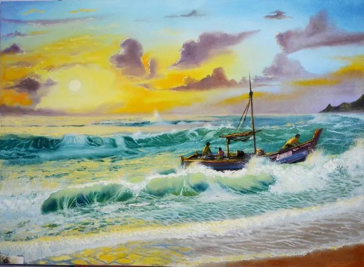 seascape-fisherman coming back home at dusk., œuvre de Susankalan Roy