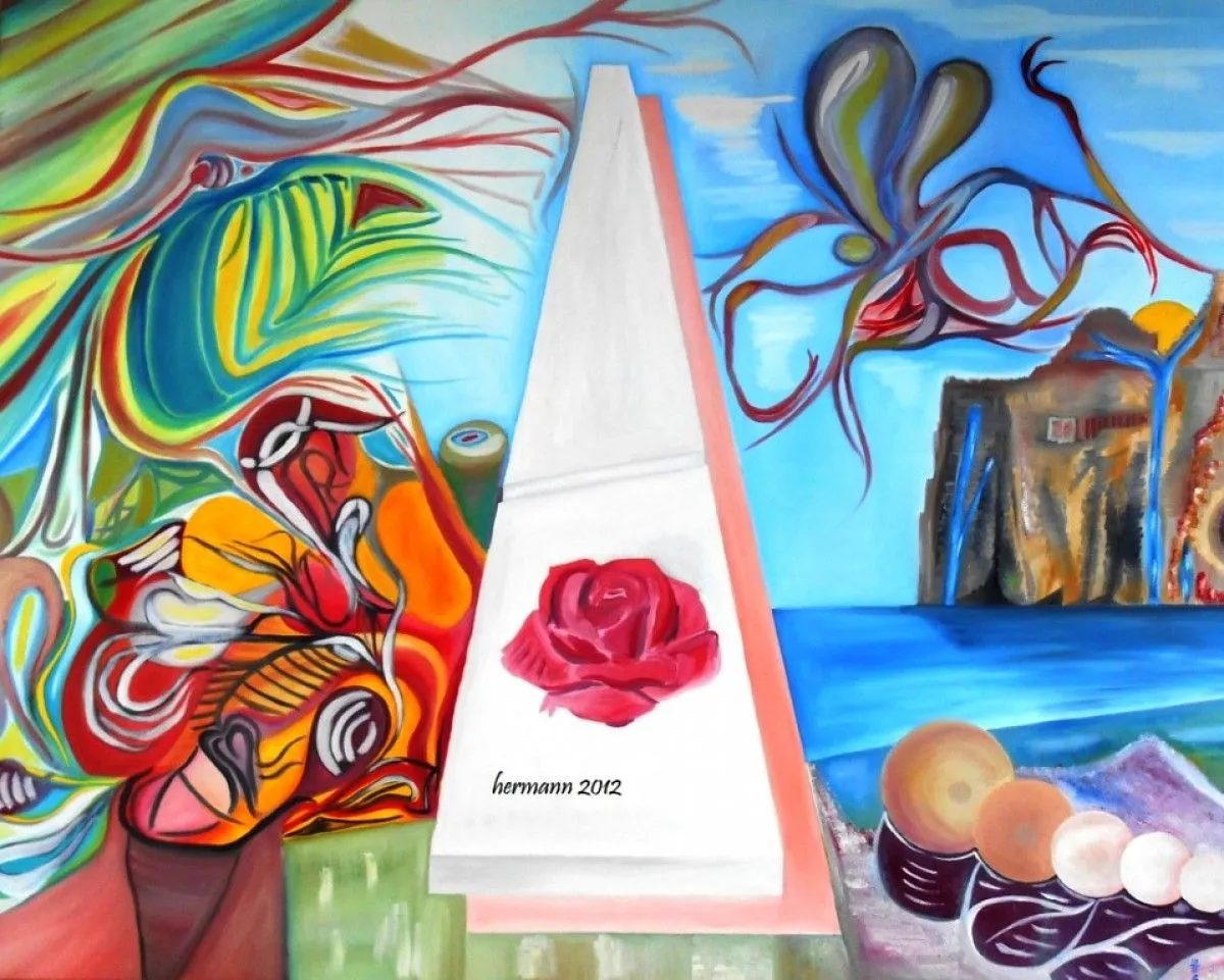 oil " Rose auf Stele", artwork by Hansjörg Hermann