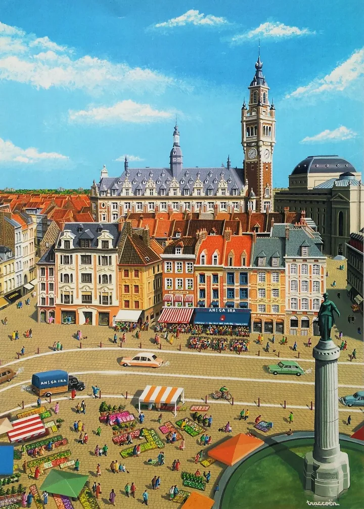Lille. La Grand Place ( postal card ), artwork by Thierry Traccoën