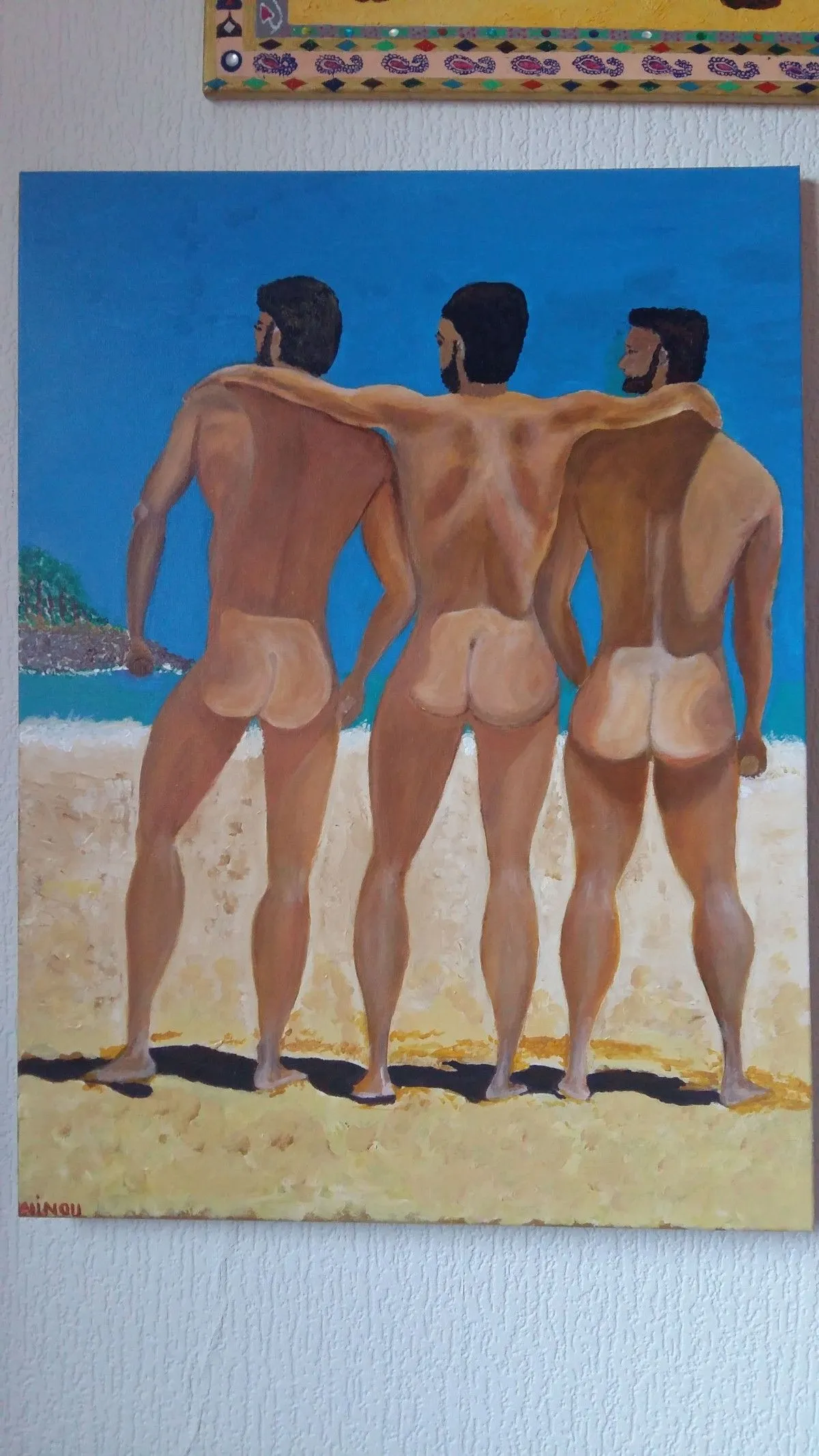 N°41     3 amis naturistes sur la plage regardent vers l'île, artwork by Jean-Michel FRAMERY