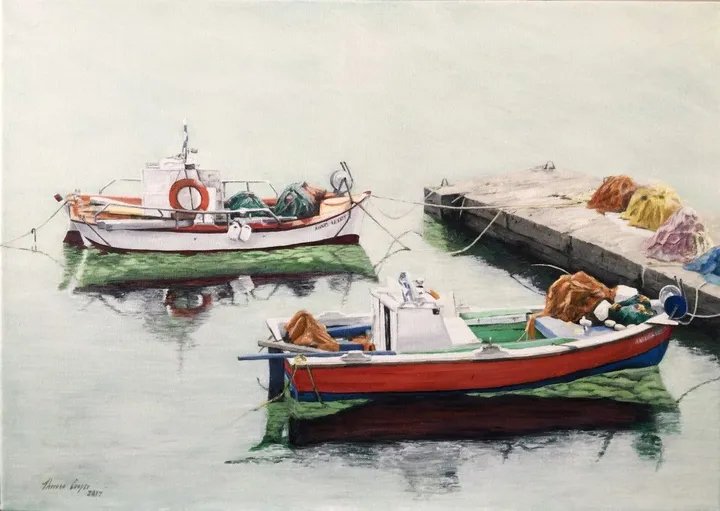 Trish's harbour, Greece, œuvre de Theresa Cooper