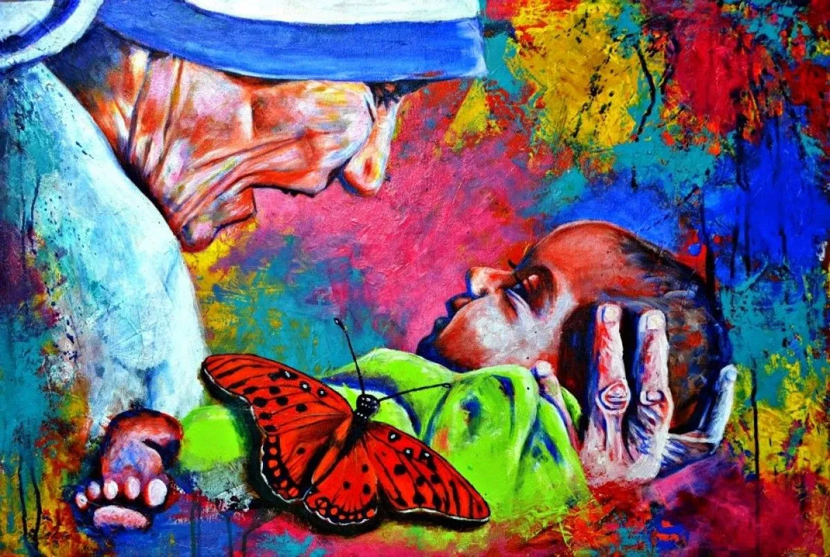 Mother Tearesa With an Armless Child., artwork by Naresh Meetei