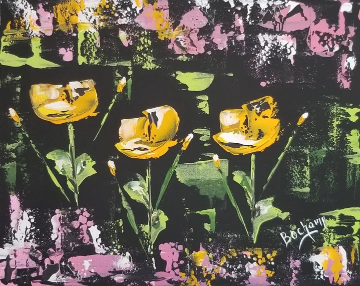 Trio jaune soleil, œuvre de Chantal Bochamp