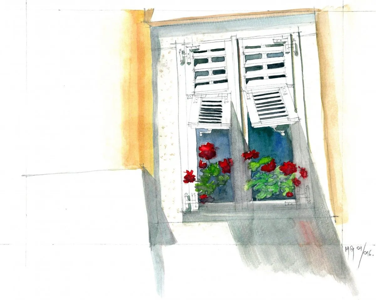Window with flowers, artwork by Goran Martinovic