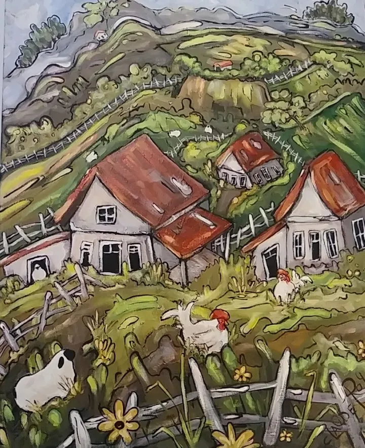 Combat de coqs....dans le moment présent, artwork by Claudette Roy