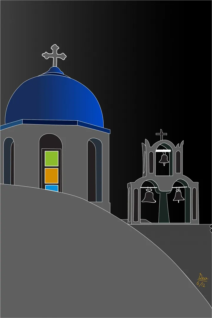 Santorini Church, artwork by Dev Joshi