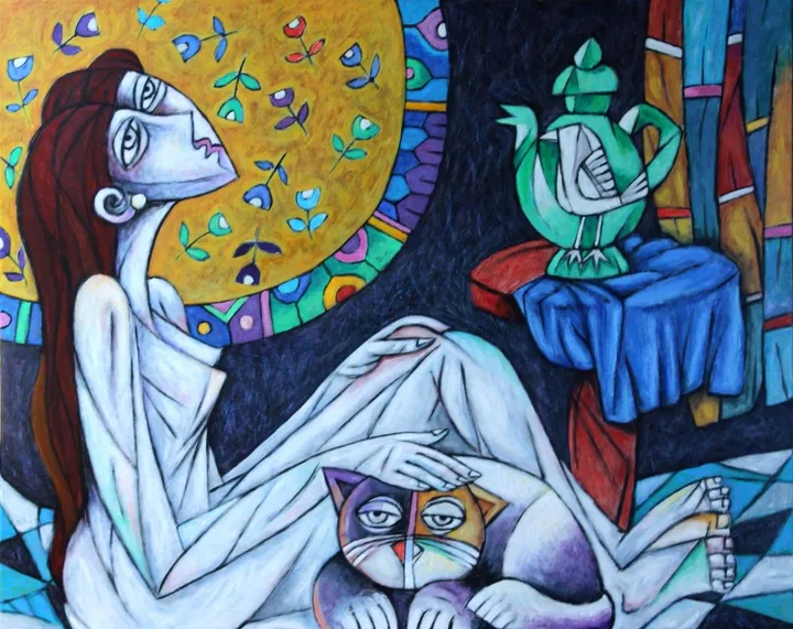 Women, cat & bird, œuvre de Ali chamsedine